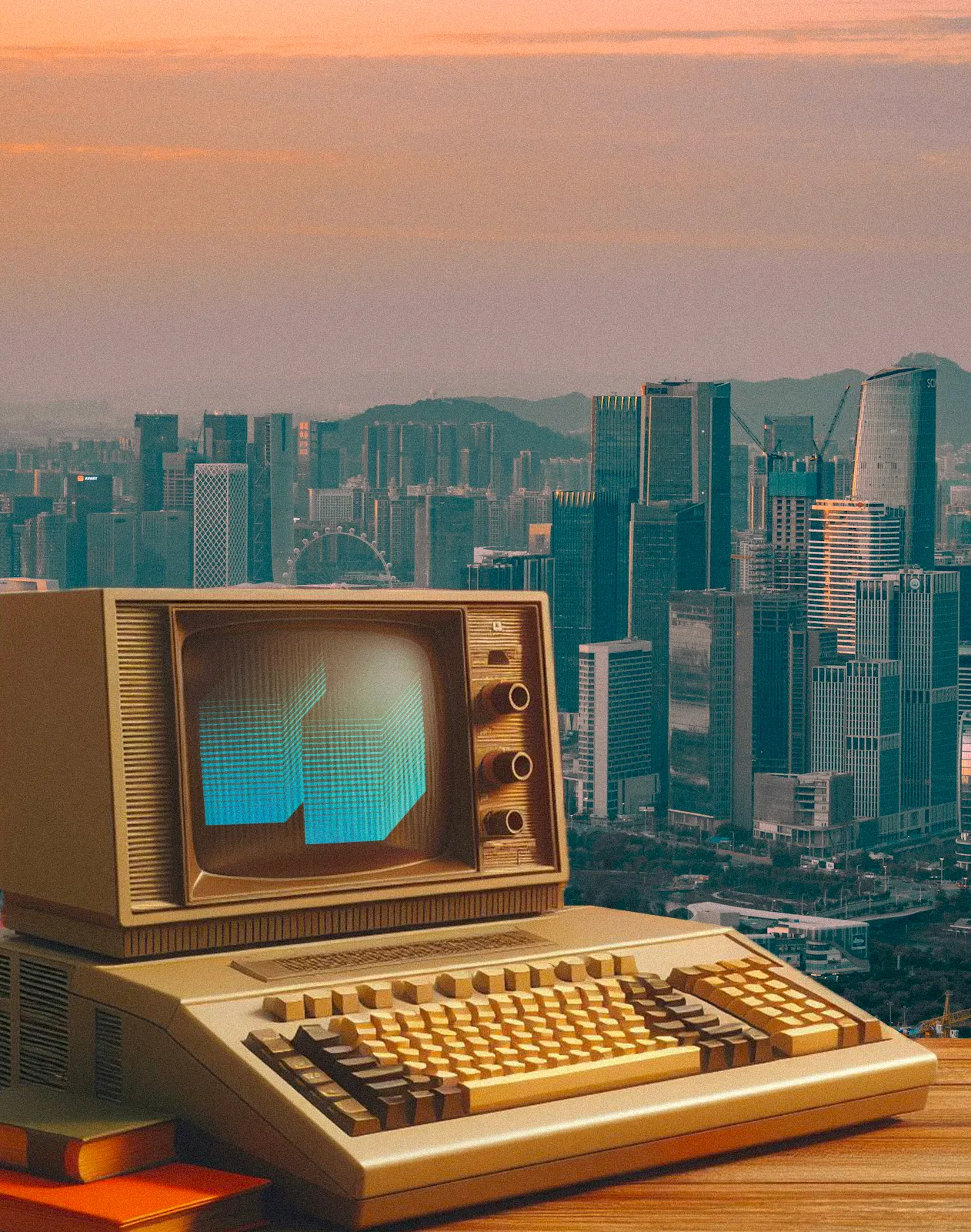 hero image hyle - an old computer in front of the city